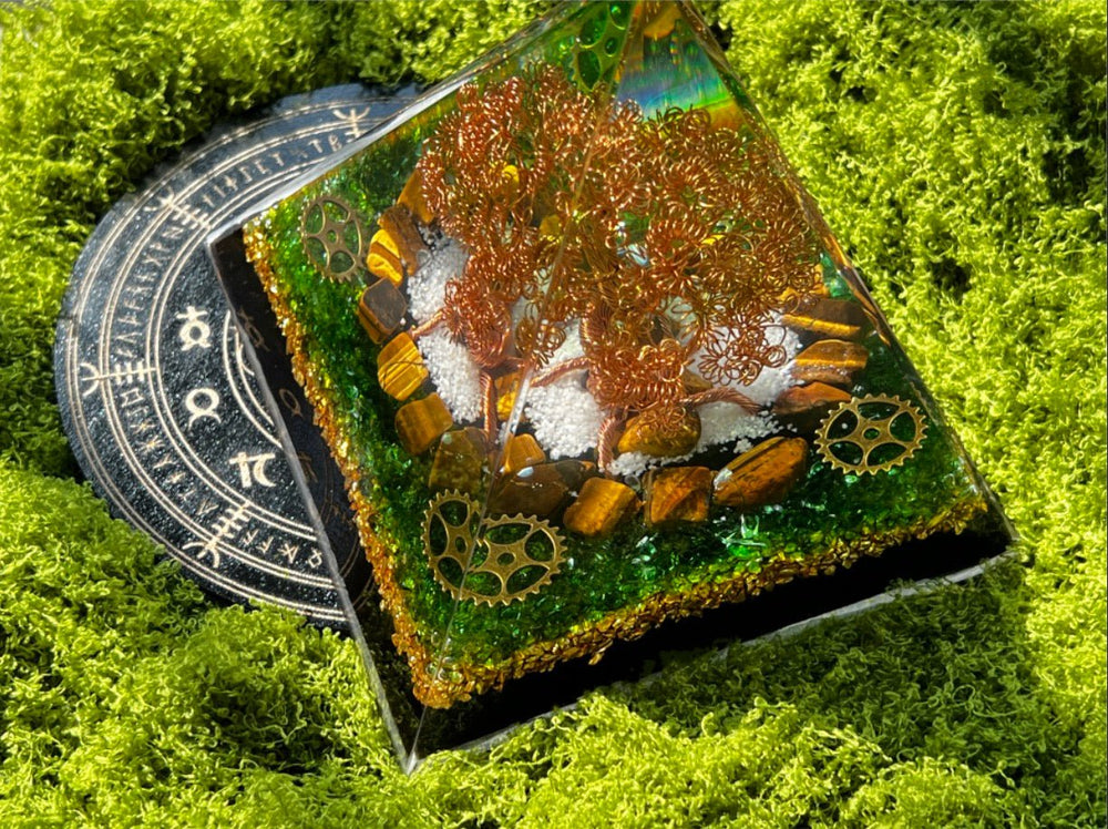 Orgone Pyramids - A Woven Prosperity Tree | Handcrafted Brass Wire Money Tree Desktop Ornament with Crystal Resin Drip - GEM Spirit - sk - 01 - Crystal Resin - fengshui - five elements energy